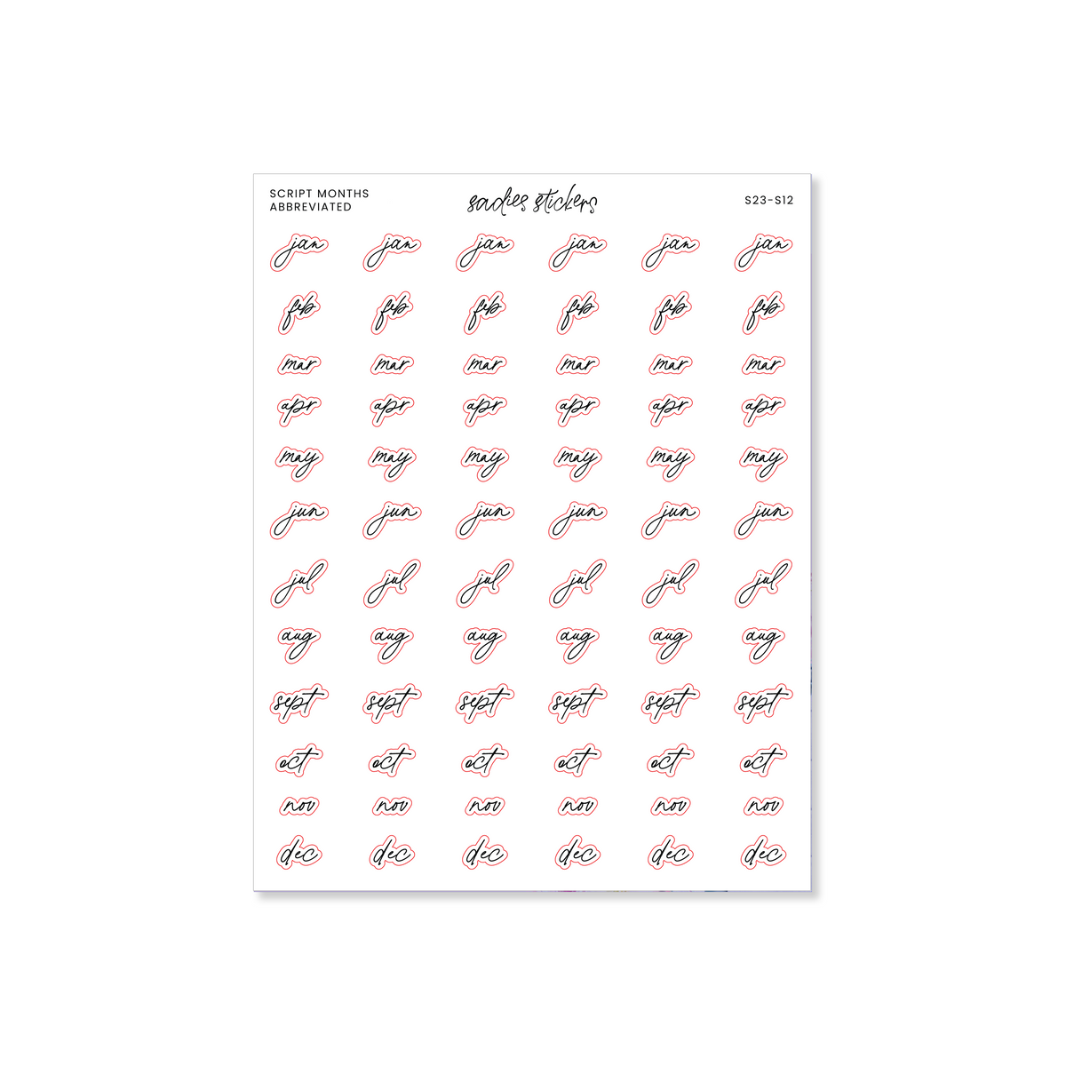 Script Months Abbreviated Sadie s Stickers script-months-abbreviated-sadie-s-stickers