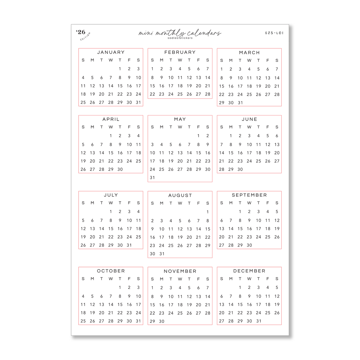 2026 Mini Monthly Calendars – Sadie's Stickers