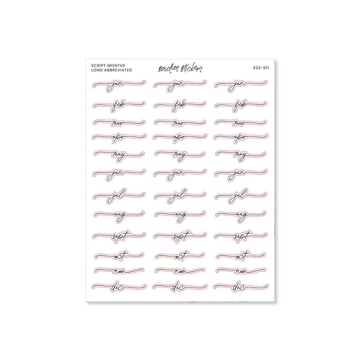 Script Minths Script Months Long Abbreviated – Sadie's Stickers